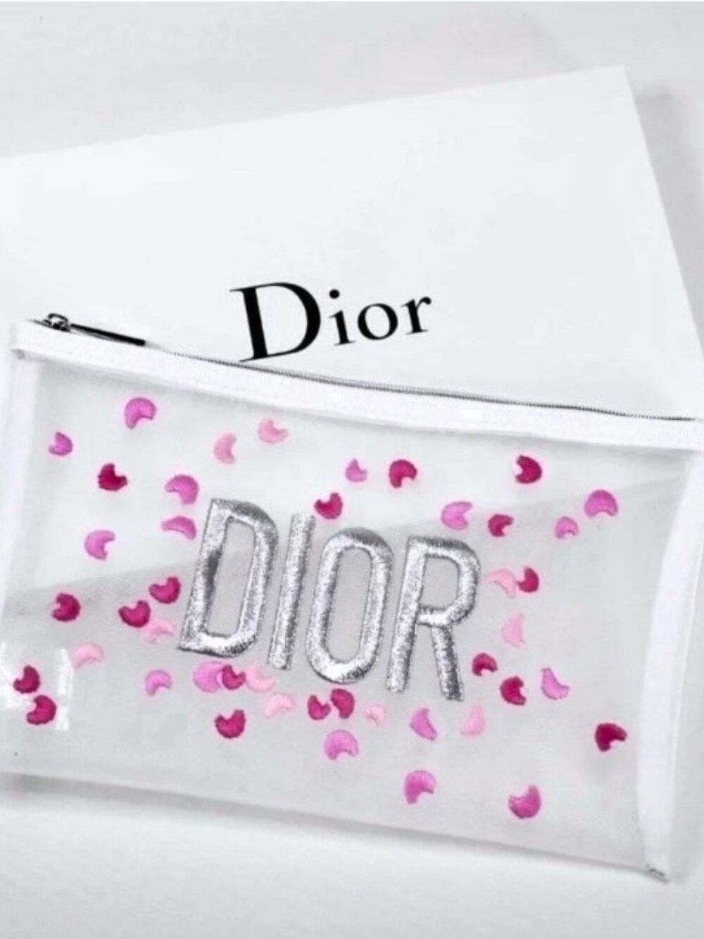 DIOR Mesh Embroidered Floral Pouch Makeup Bag - White, Silver & Pink NEW in BOX